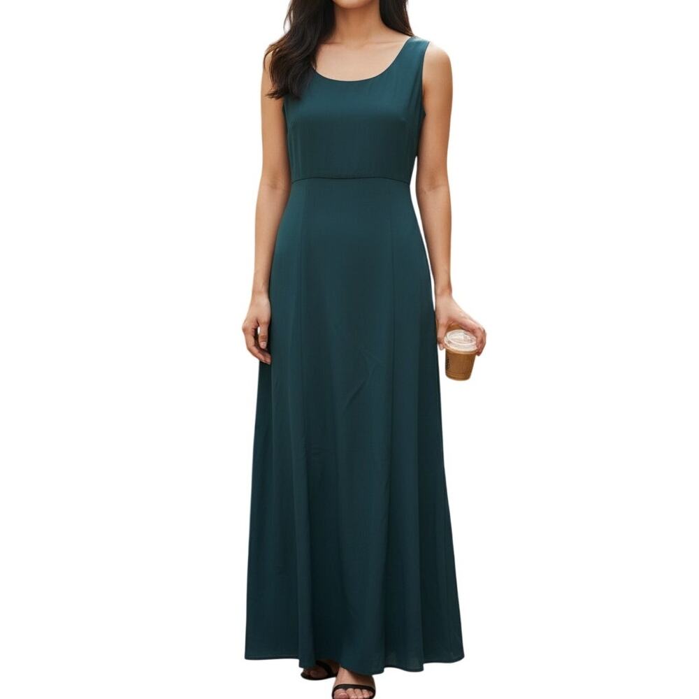 Vintage Dark Green Scoop Neck Midi Dress Tie Back Zip 90s Style Womens Sz XS